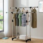 Double Penderie à vêtements portable à roulettes en Acier Inoxydable – علاقة ملابس متنقلة