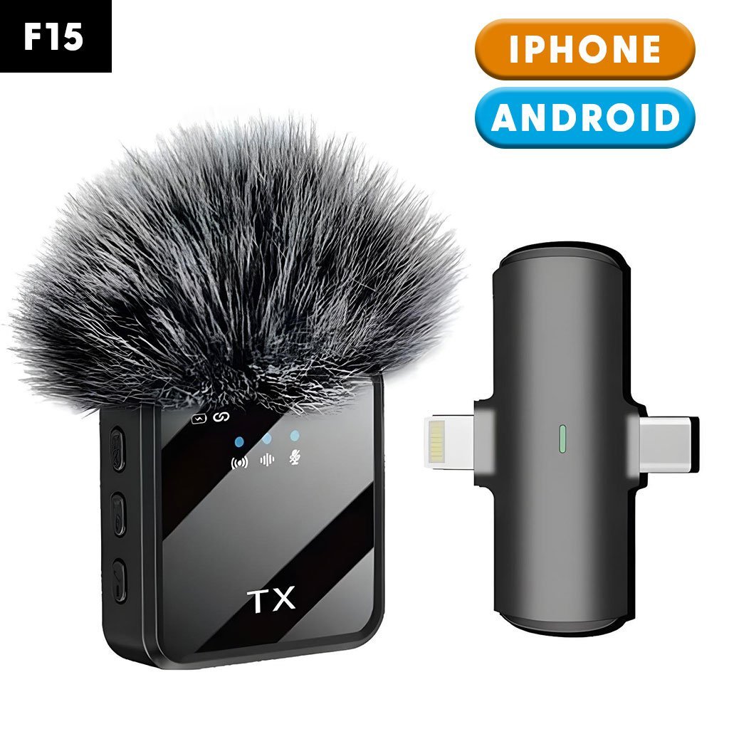 F15-CNC-1-6.jpg Microphone Sans Fil Professionnel 2en1 pour iPhone et Android F15 – ميكروفون لاسلكي متعدد المنافذ - الصورة 1